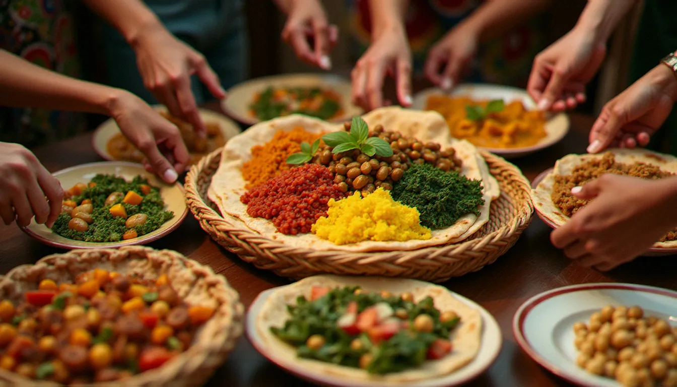 Festin végétalien éthiopien servi sur un mesob tressé, avec injera et multiples plats de légumineuses colorés, illustrant les valeurs communautaires partagées avec les African Hebrew Israelites of Jerusalem