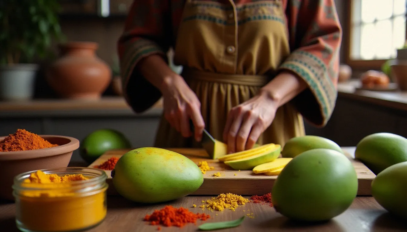 Mains d'une femme éthiopienne en train de préparer l'amba en découpant des mangues vertes entourées de bocaux d'épices dans une cuisine traditionnelle