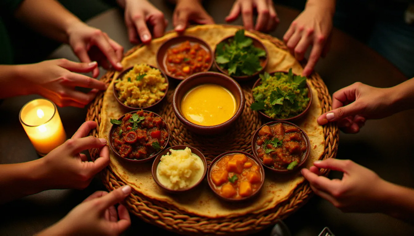 Plateau d'injera éthiopien servi en communauté avec l'amba au centre, illustrant la tradition du partage autour de la table éthiopienne dans un restaurant chaleureux