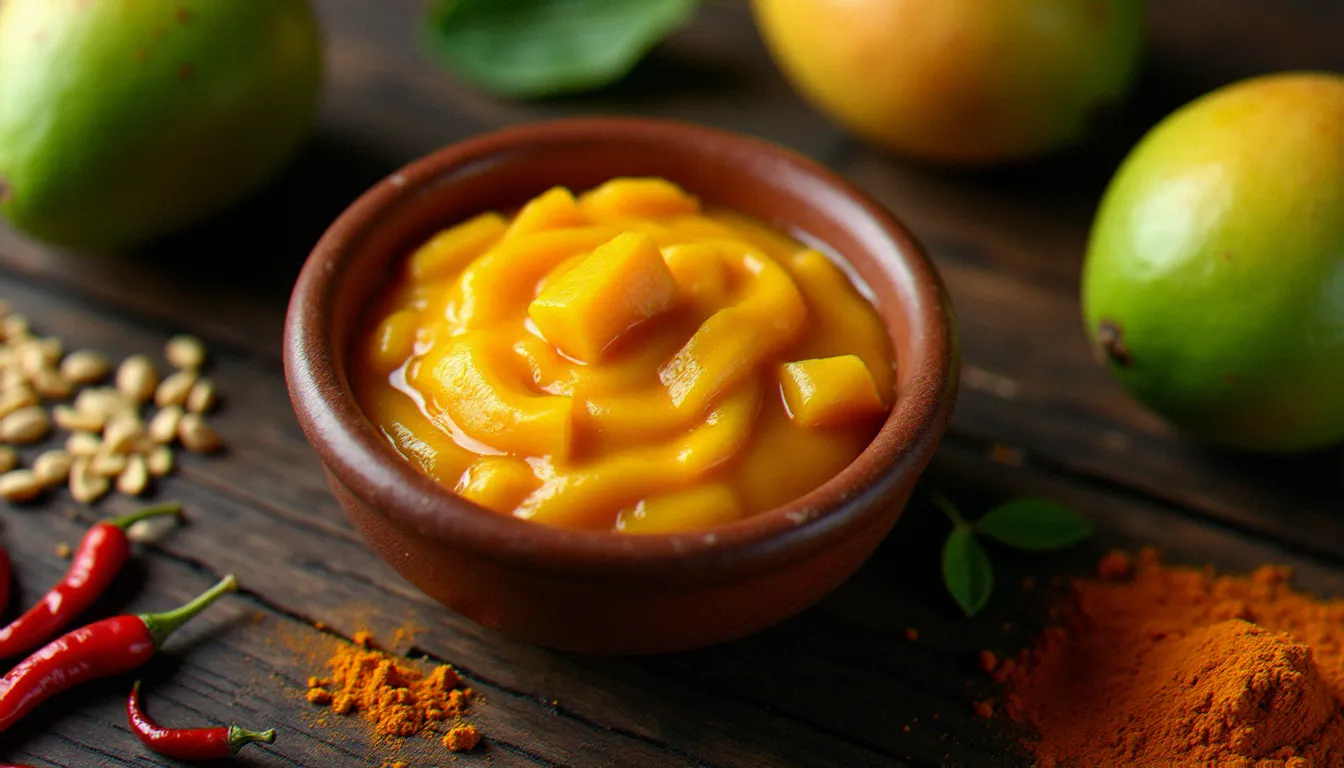 Bol en céramique rempli d'amba, condiment éthiopien à base de mangue fermentée, entouré de mangues vertes et d'épices comme le fenugrec, le piment rouge et le curcuma