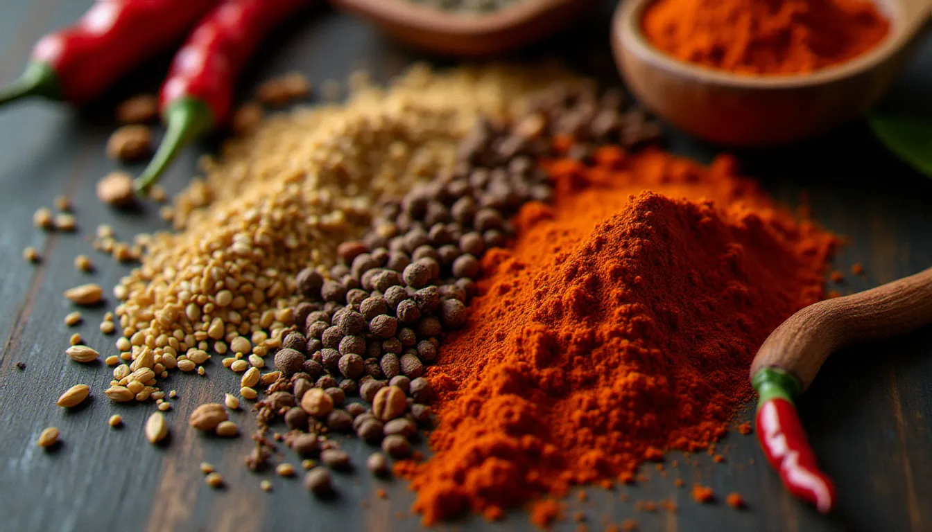 Ingrédients du berberé éthiopien authentique disposés sur bois sombre, dont le korarima et les piments séchés, marqueurs de l'autorité culinaire traditionnelle