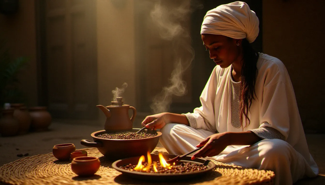 Cérémonie traditionnelle du café éthiopien avec torréfaction des grains verts et jebena en argile, pratique inscrite au patrimoine de l'UNESCO et symbole vivant de l'autorité culturelle éthiopienne