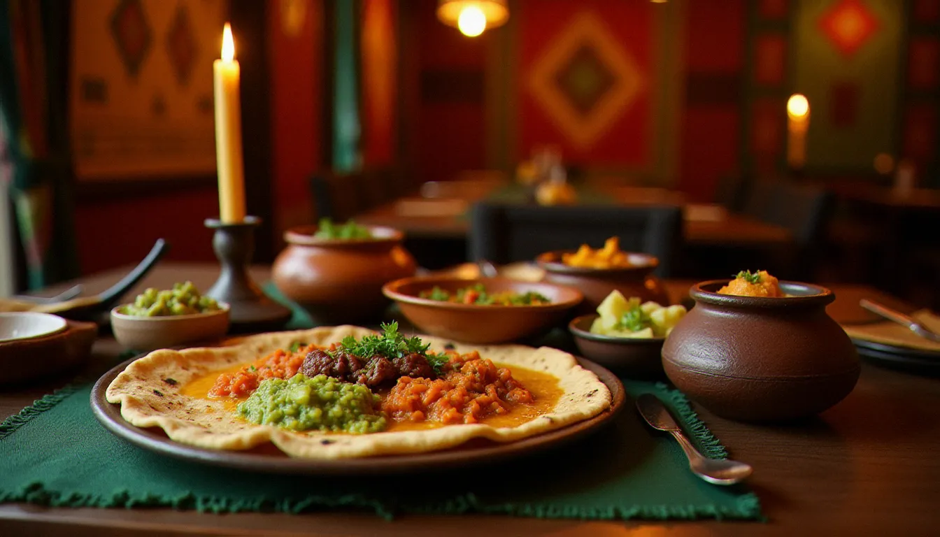 Table éthiopienne traditionnelle couverte d'injera et de plats wot en pots d'argile, symbole de l'autorité culinaire éthiopienne authentique