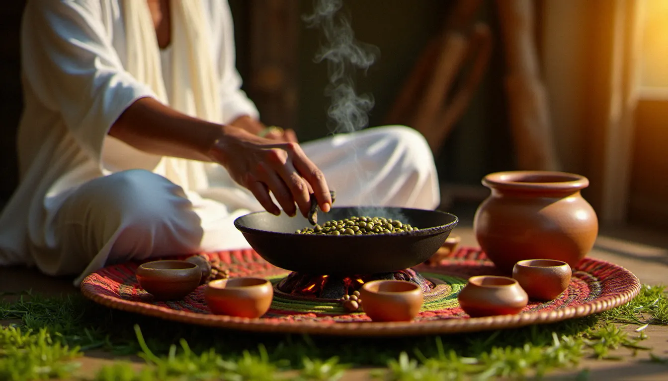 Femme éthiopienne en robe traditionnelle habesha blanche réalisant la cérémonie du café éthiopien, torréfiant des grains de café vert sur un réchaud à charbon entouré d'une jebena en argile et de petites tasses en céramique disposées sur une natte tressée colorée