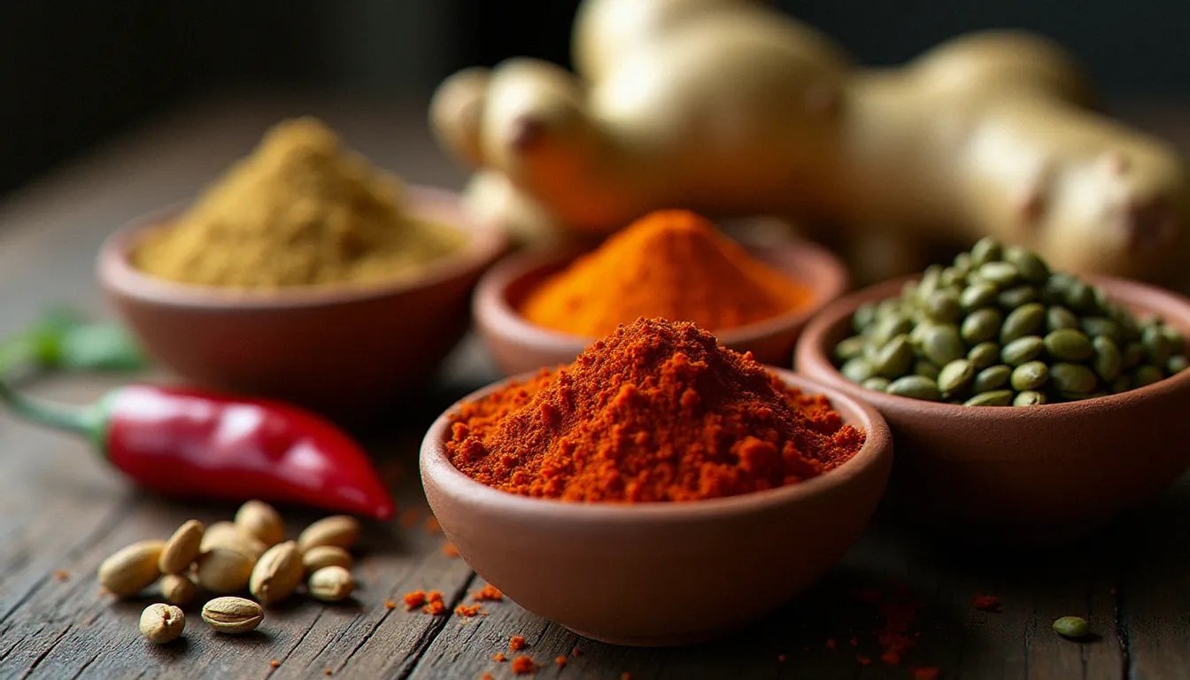 Épices traditionnelles de cette cuisine éthiopienne dont le berbéré rouge et le mitmita orange disposés dans de petits bols en terre cuite sur bois sombre