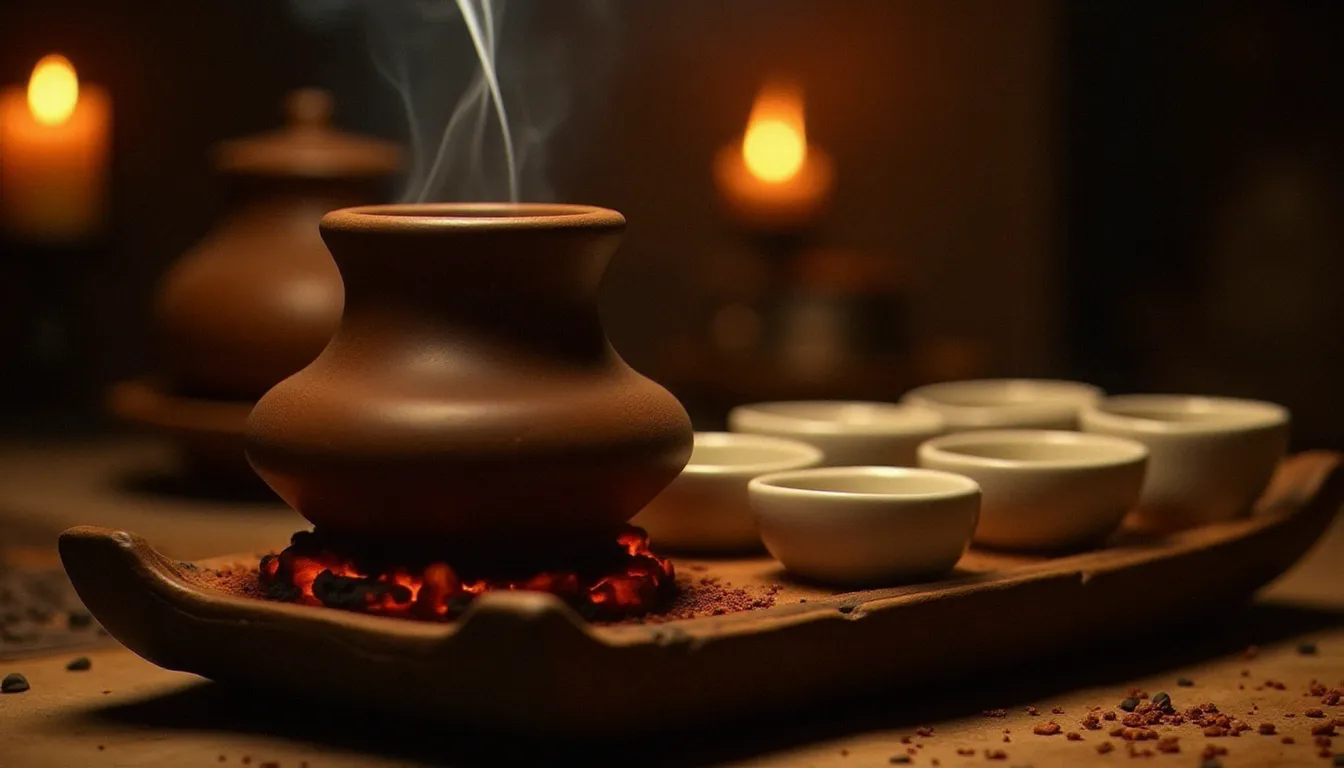 Cérémonie traditionnelle du café éthiopien buna avec jebena en argile sur braises et encens, moment emblématique de cette cuisine et de la culture d'Addis-Abeba