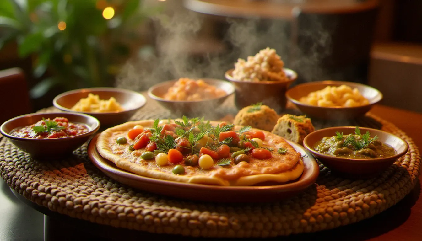 Grand plateau de cette cuisine éthiopienne traditionnelle servi sur un mesob tressé avec injera et wot colorés dans un restaurant parisien