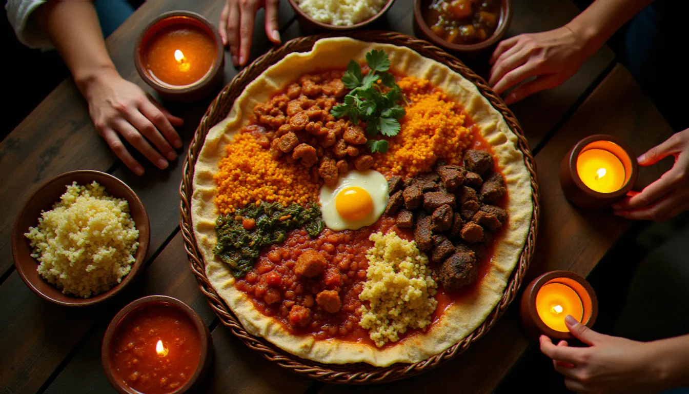 Mesob traditionnel éthiopien vu du dessus, garni d'un grand injera recouvert de multiples ragoûts colorés de cuisine éthiopienne authentique dont le doro wot, le misir wot et le shiro