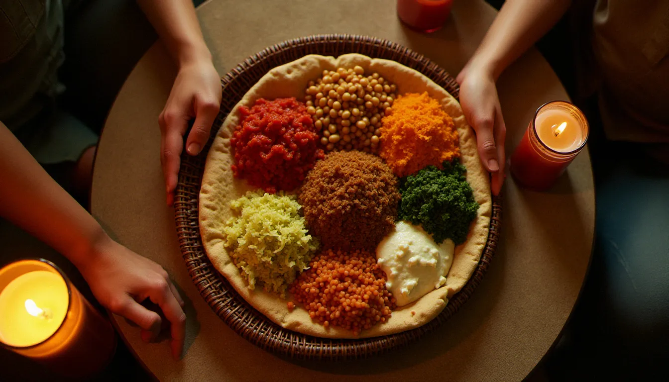 Grande assiette de cuisine éthiopienne à Paris avec injera et wats colorés servis sur un plateau en osier mesob traditionnel, partagée entre plusieurs convives