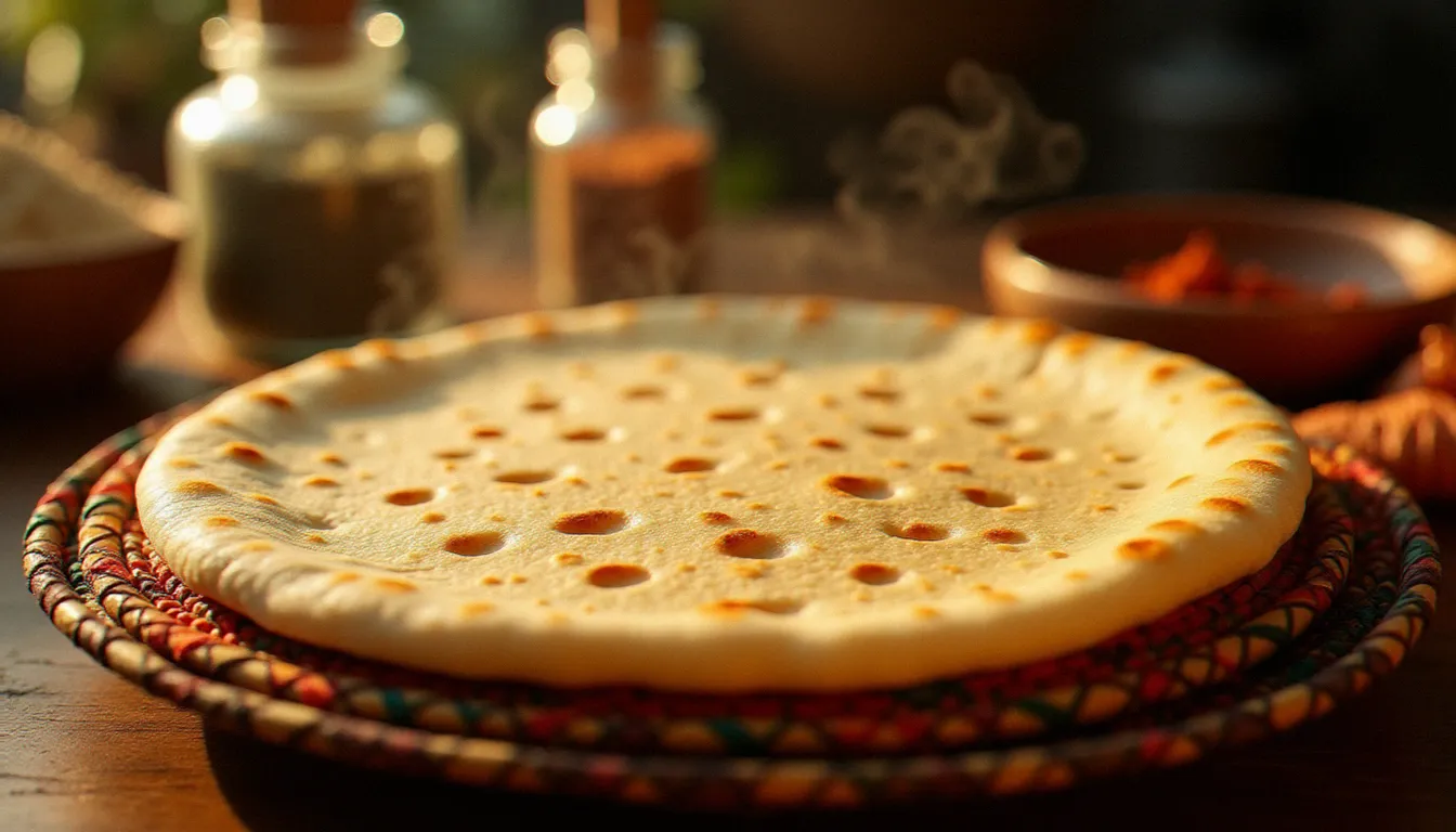 Injera éthiopienne fraîchement cuite posée sur un panier mesob tressé, révélant la texture alvéolée caractéristique de cette recette traditionnelle au teff