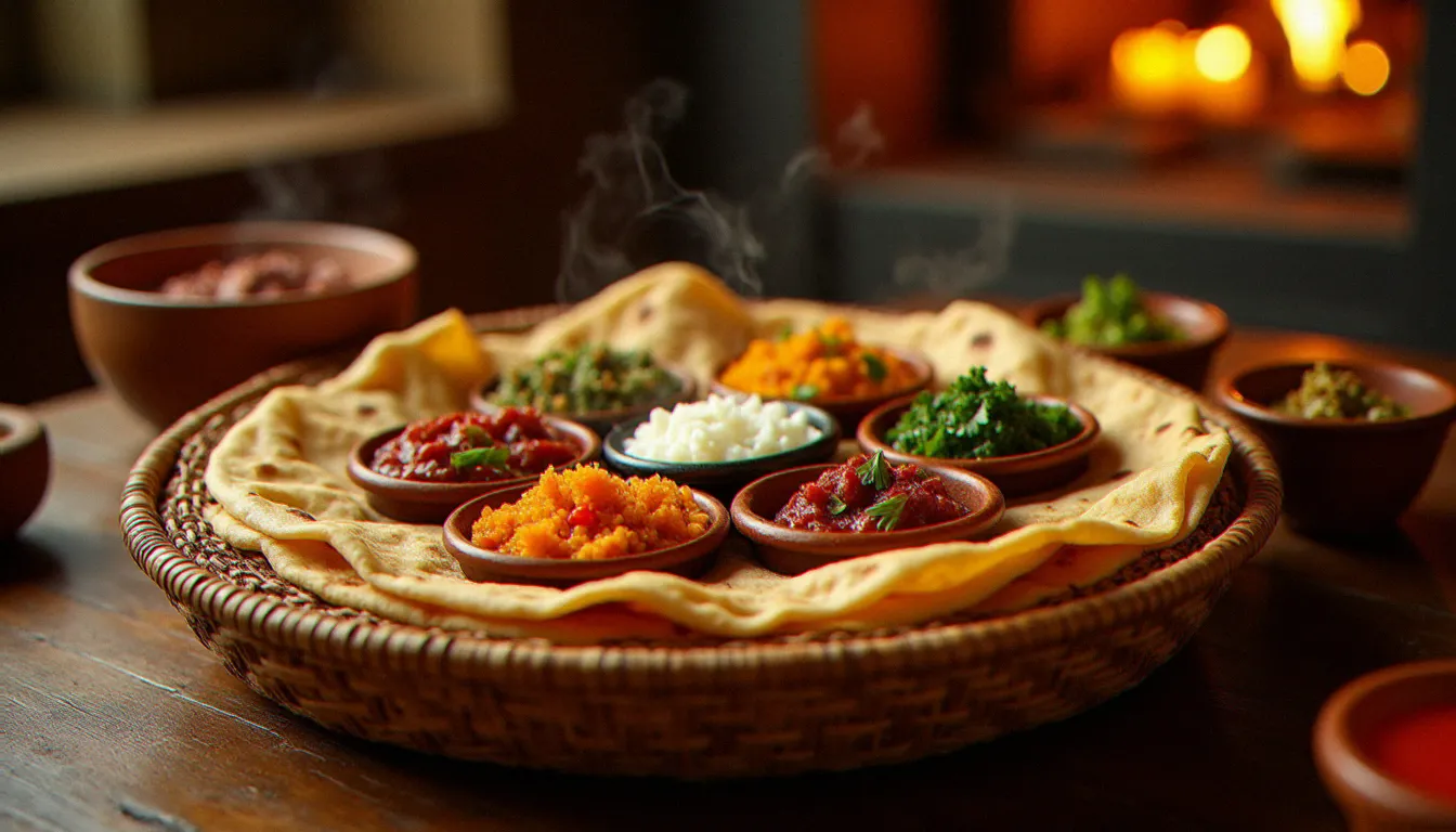 Mesob éthiopien traditionnel garni de plats éthiopiens traditionnels disposés sur une injera, dont le doro wat, le misir wat aux lentilles et le gomen, servis dans des bols en argile