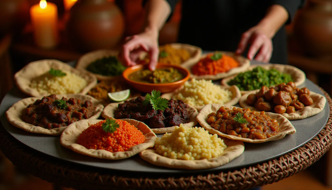 Plateau éthiopien traditionnel avec injera, doro wat et plusieurs wats colorés servis sur une table ronde en osier — guide complet de ce qu'il faut manger dans un restaurant éthiopien