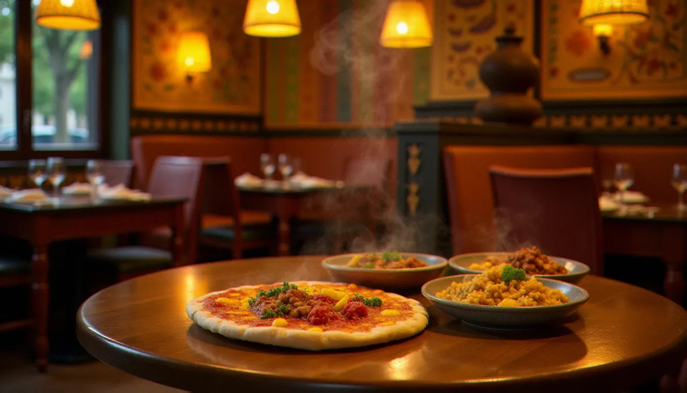 Plateau éthiopien traditionnel servi dans un restaurant éthiopien à Paris, avec injera et assortiment de wat colorés sous un éclairage chaleureux