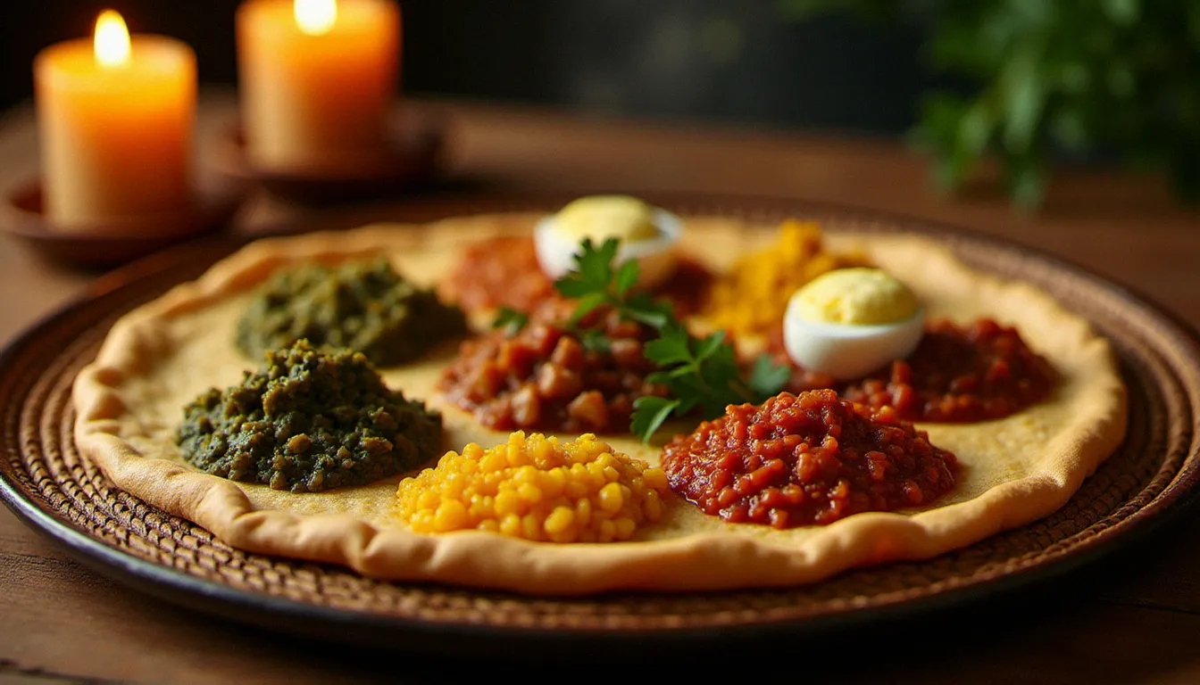 Une cuisine éthiopienne traditionnelle servie sur une grande platine d'injera avec plusieurs ragoûts colorés dont le doro wat, le misir et le gomen, dressée sur un mesob tressé