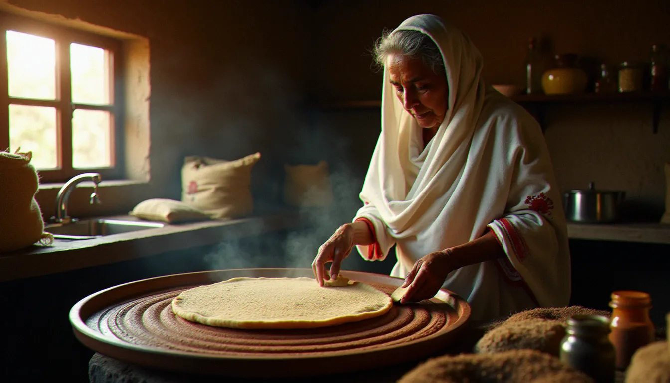 Une grand-mère éthiopienne en vêtements traditionnels préparant l'injera sur un foyer en argile à Addis-Abeba, perpétuant des siècles de cuisine végétalienne héritée du jeûne orthodoxe