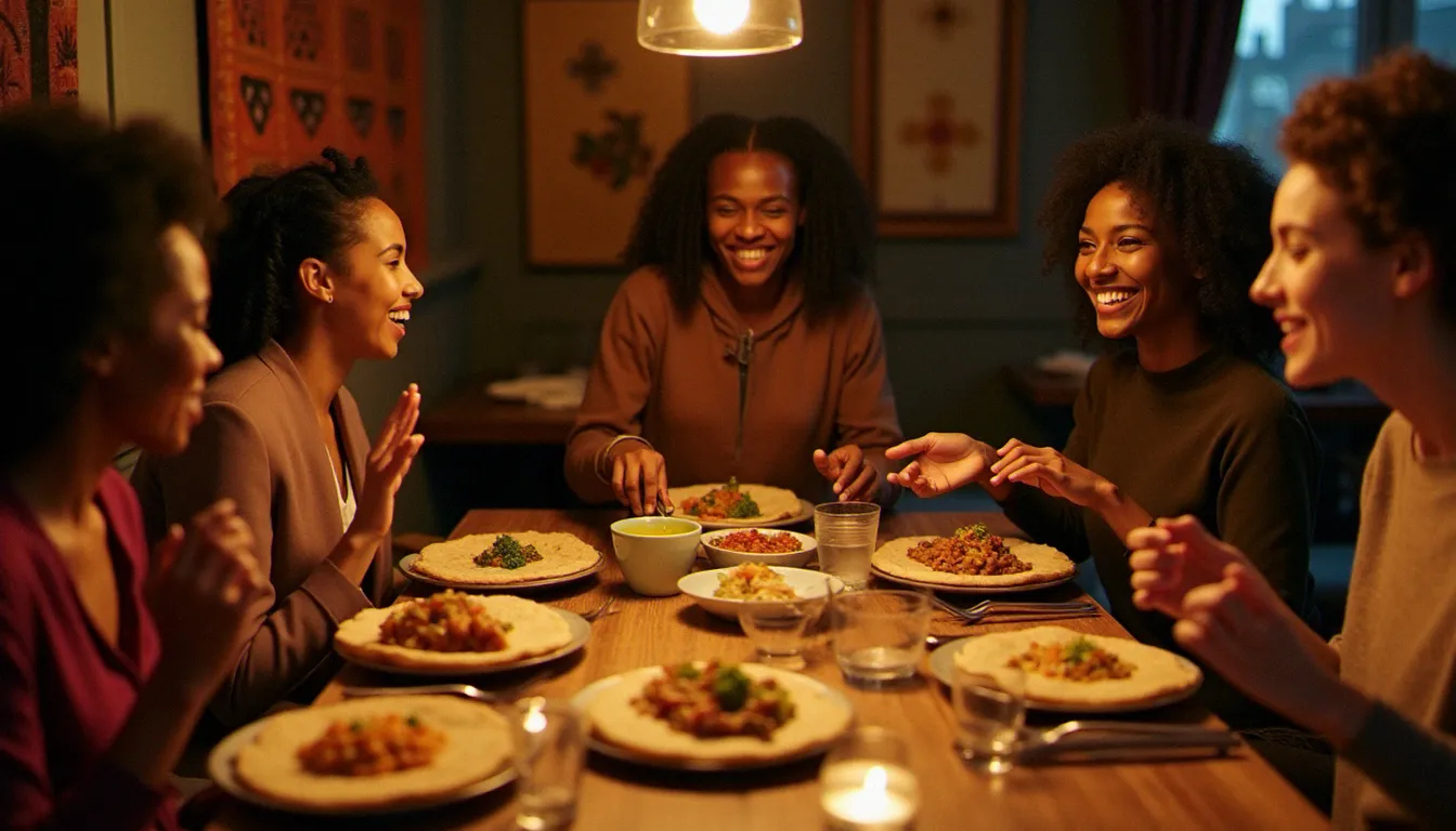 Un groupe d'amis partageant un repas éthiopien végétalien autour d'une injera commune dans un restaurant parisien, illustration de la convivialité éthiopienne en écho aux valeurs de la libération animale