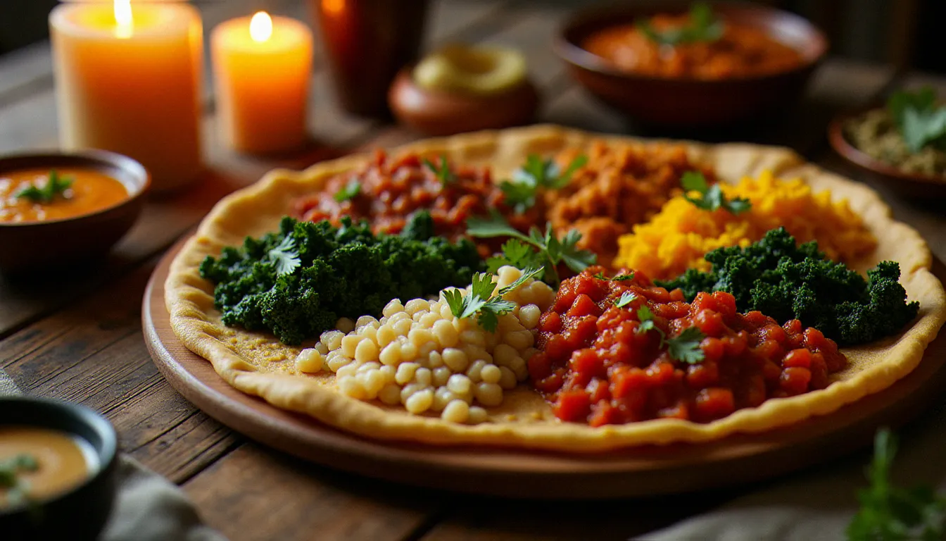 Plateau éthiopien de jeûne yetsom beyaynetu avec plusieurs ragoûts végétaliens colorés servis sur injera, illustrant la convergence entre la tradition culinaire éthiopienne et les valeurs de la 269 libération animale