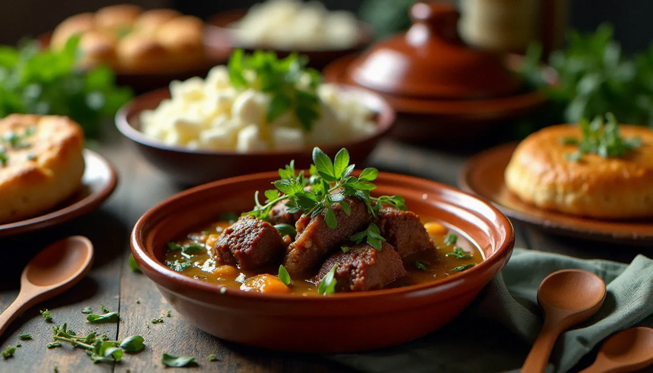 Table albanaise traditionnelle dressée avec le tavë kosi, byrek feuilleté et fromage blanc, plats typiques de la cuisine albanaise