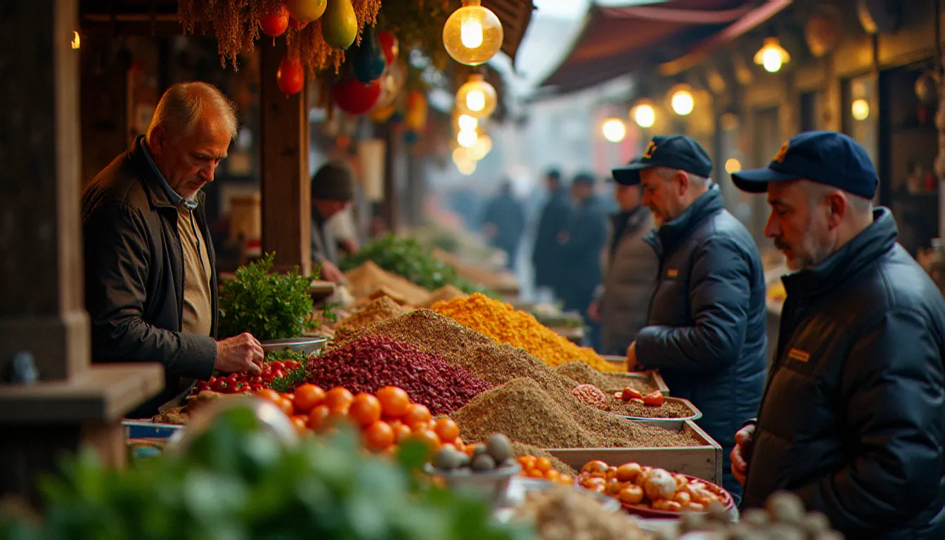 Marché en plein air animé à Tirana en Albanie, étals de légumes frais, épices et produits artisanaux locaux