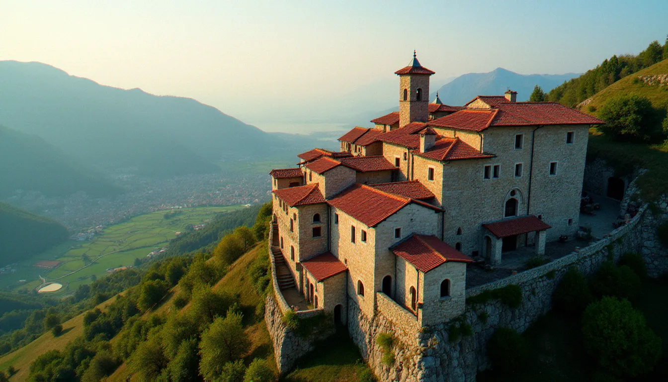 Vue aérienne d'un village traditionnel albanais en pierre dans les Alpes albanaises, illustration d'un voyage en Albanie