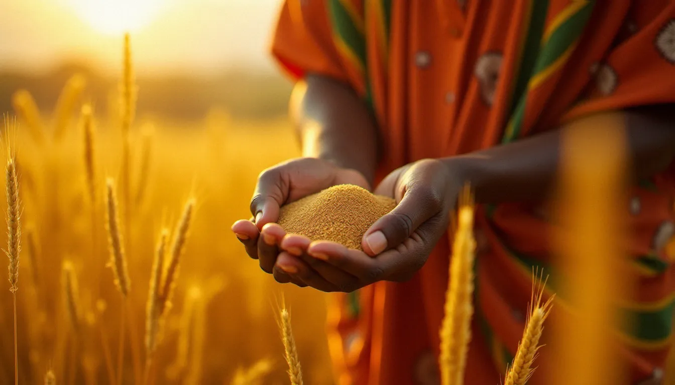 Mains tenant des tiges de teff frais dans un champ éthiopien en lumière dorée, céréale biologique ancestrale des hauts plateaux