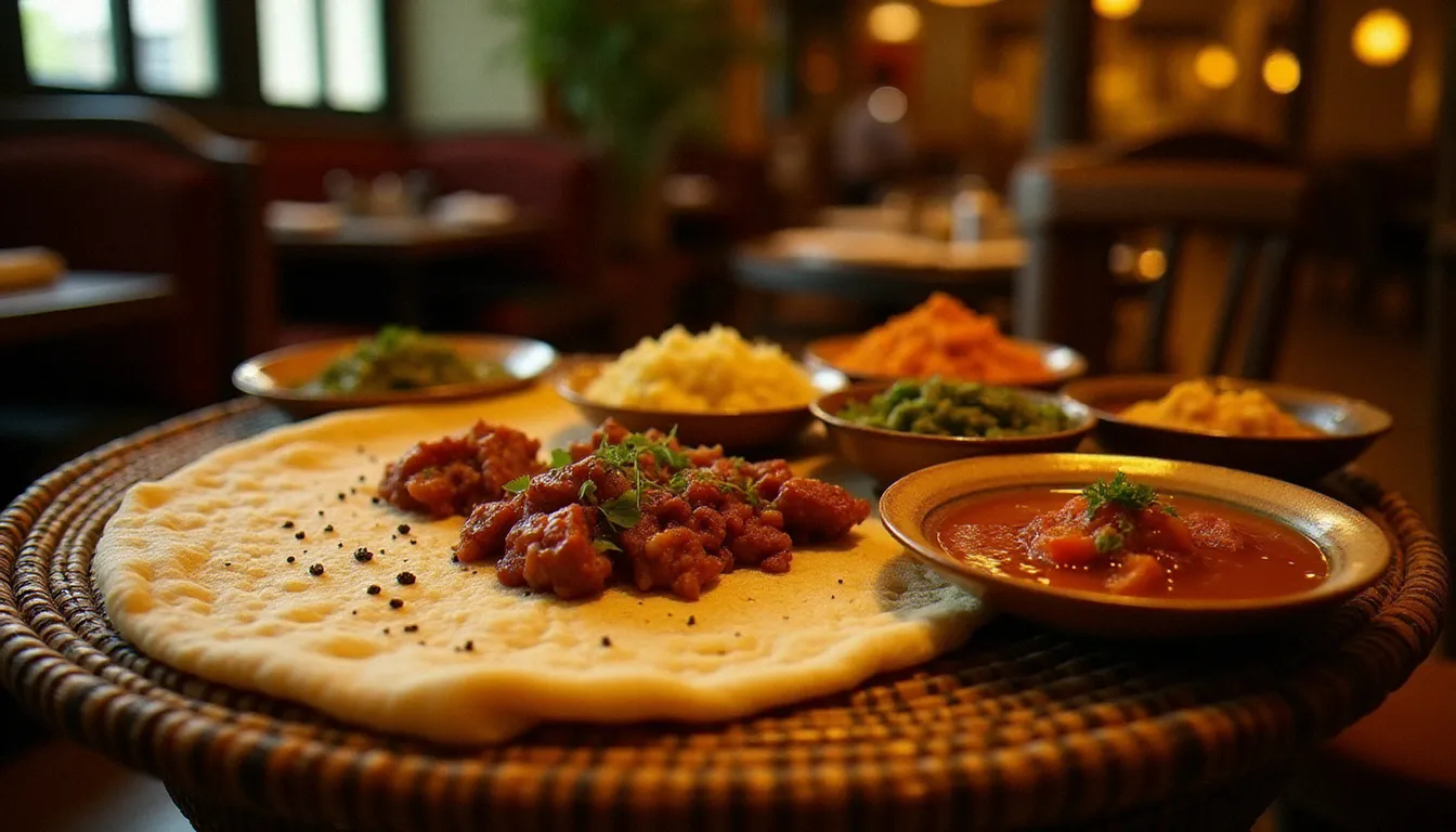 Présentation d'un repas éthiopien traditionnel sur injera dans un restaurant parisien authentique, avec ragoûts de légumineuses et épices biologiques