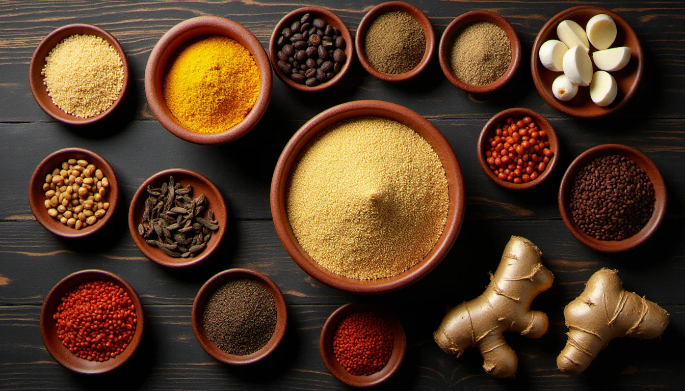 Ingrédients biologiques éthiopiens disposés en flat lay — teff, épices berbéré, lentilles corail et cardamome noire sur table en bois sombre