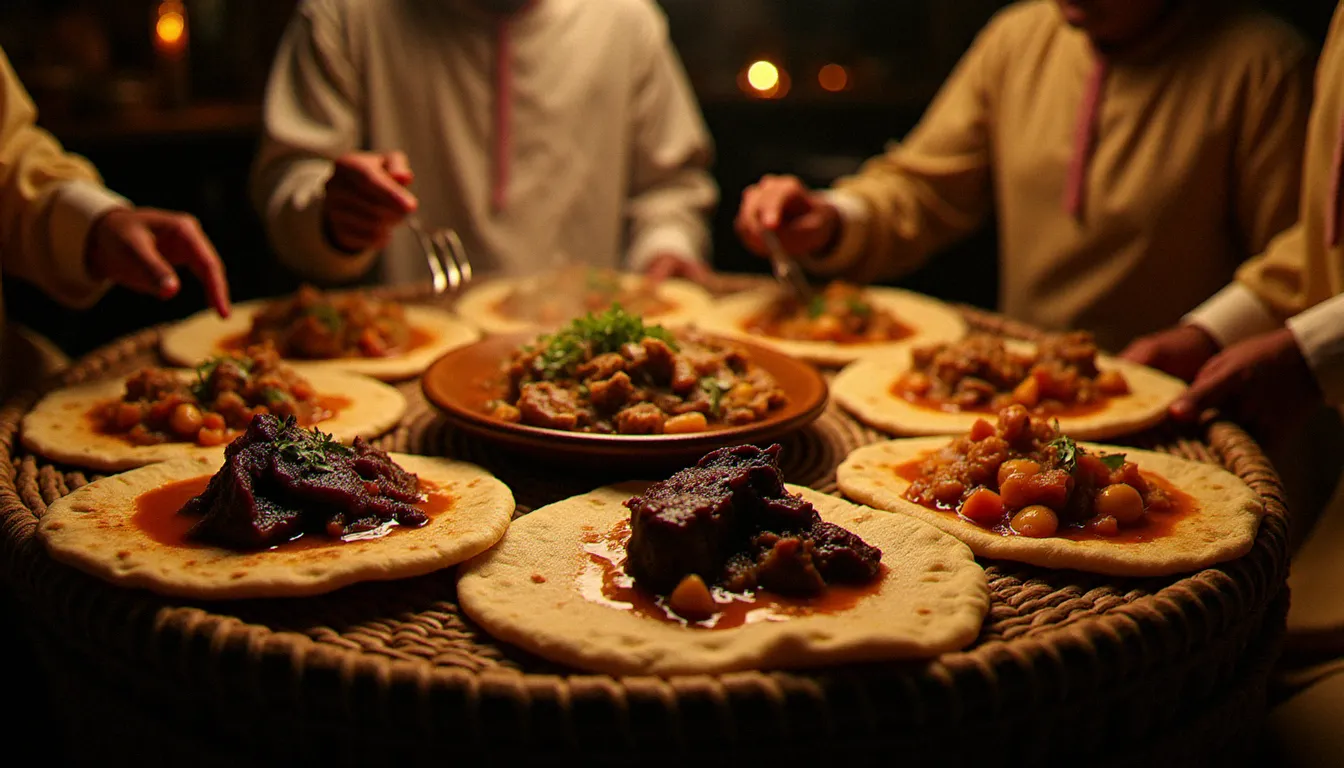 Repas festif éthiopien partagé en famille sur un mesob traditionnel, avec de l'injera garni de wots riches à base d'alya d'agneau dans une atmosphère chaleureuse de restaurant éthiopien