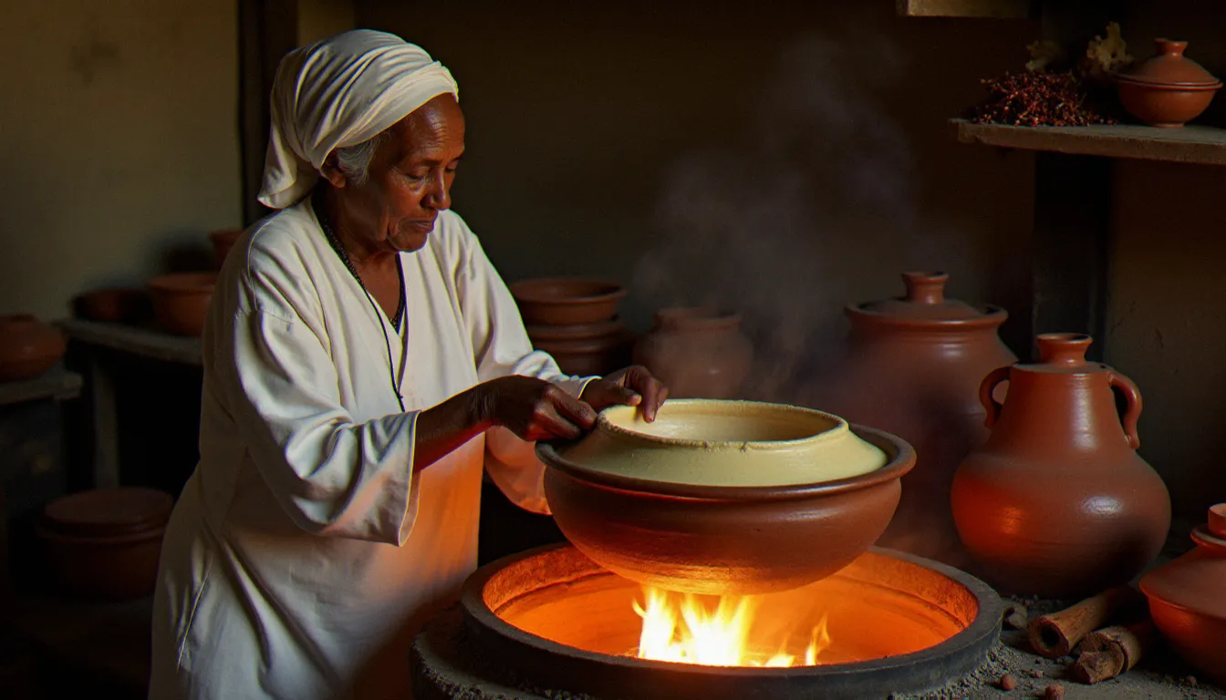 Préparation traditionnelle de l'alya éthiopien dans une cuisine ancestrale, une femme en tenue traditionnelle habesha faisant fondre la graisse d'alya dans une marmite en terre cuite sur feu de bois