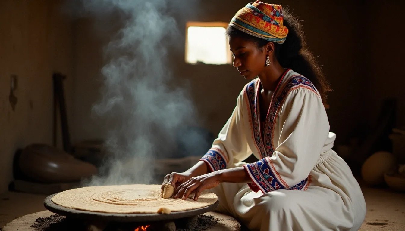 Femme Beta Israël préparant l'injera traditionnel au teff sur une mitad en argile dans une maison du Gondar éthiopien, geste rituel transmis de génération en génération