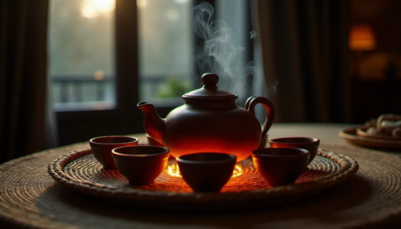 Cérémonie du café éthiopien Jebena Buna avec la jebena en terre cuite sur des braises d'encens, rappelant les rituels partagés entre la cuisine éthiopienne et les traditions de l'ancien yishouv