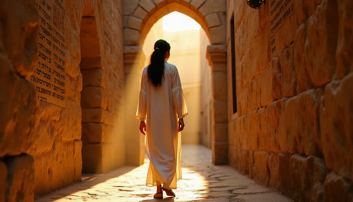 Rue de l'ancien yishouv à Jérusalem avec une femme en tenue traditionnelle éthiopienne évoquant le lien entre l'Éthiopie et la communauté juive ancienne de Palestine