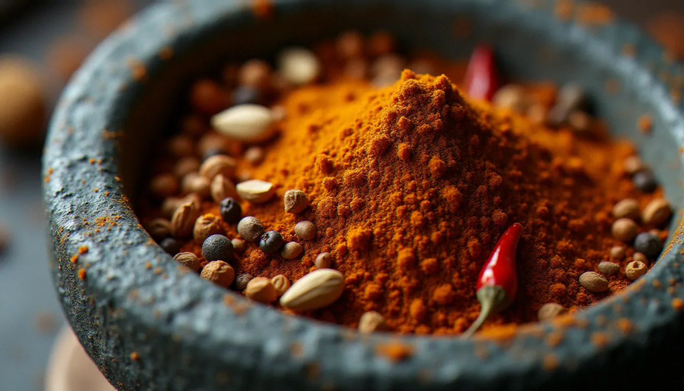 Gros plan sur un mélange d'épices berbéré éthiopien avec cardamome, piments séchés et fenugrec dans un mortier en pierre, héritage culinaire des années 1970