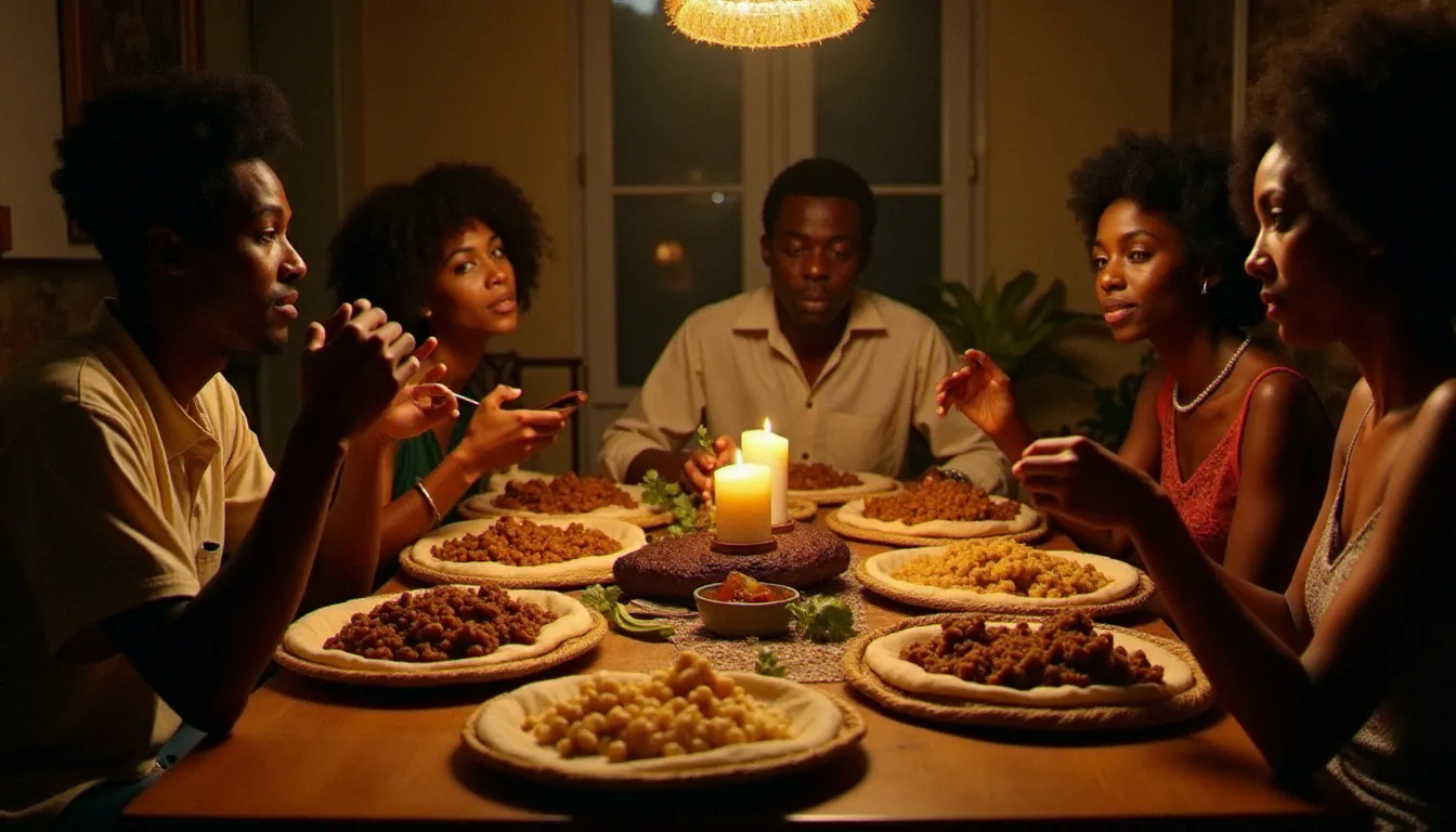 Groupe d'Éthiopiens de la diaspora des années 1970 partageant un repas traditionnel sur une grande injera dans un appartement parisien, autour d'un mesob en osier