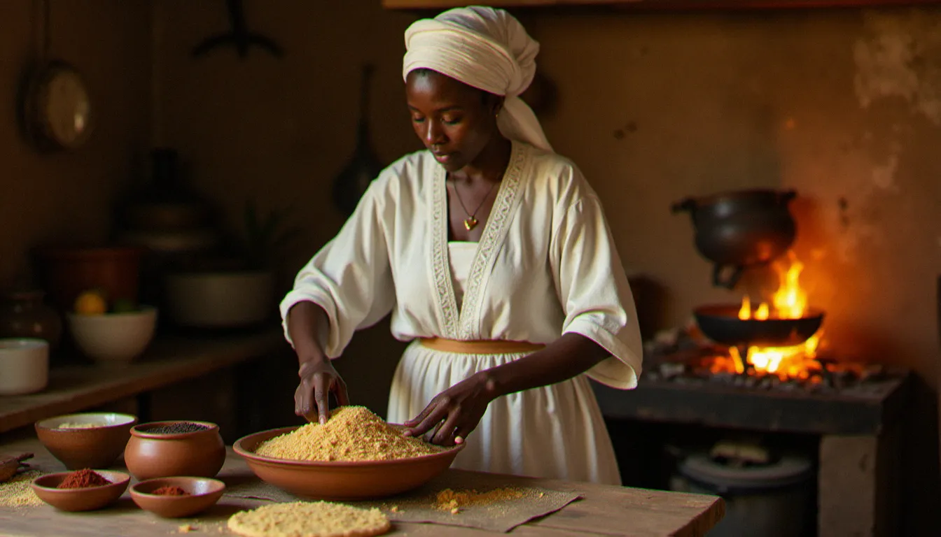 Femme éthiopienne en tenue traditionnelle préparant de l'injera dans une cuisine des années 1970, avec épices berbéré et ustensiles en terre cuite