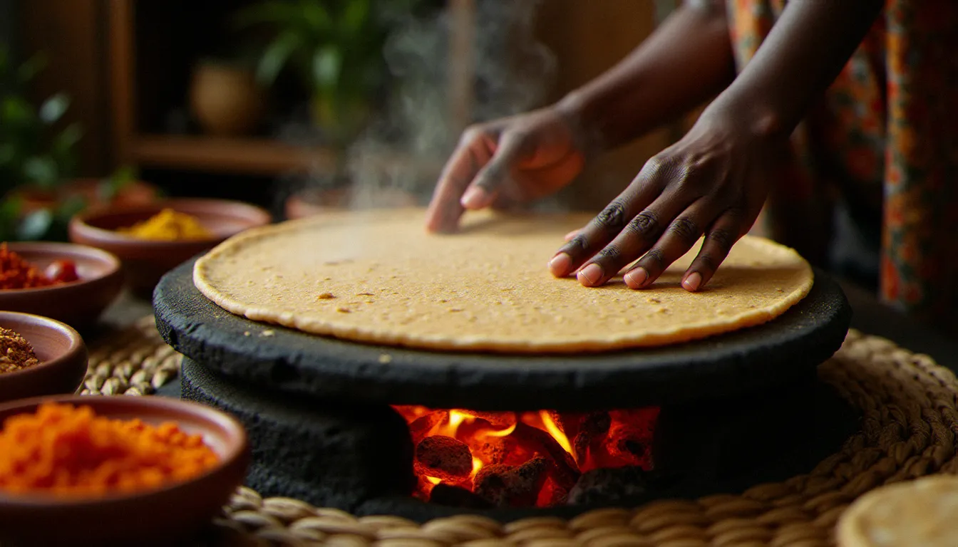 Mains féminines préparant l'injera ancestrale éthiopienne sur une plaque d'argile traditionnelle, avec des épices colorées témoignant de l'antiquité de cette cuisine millénaire