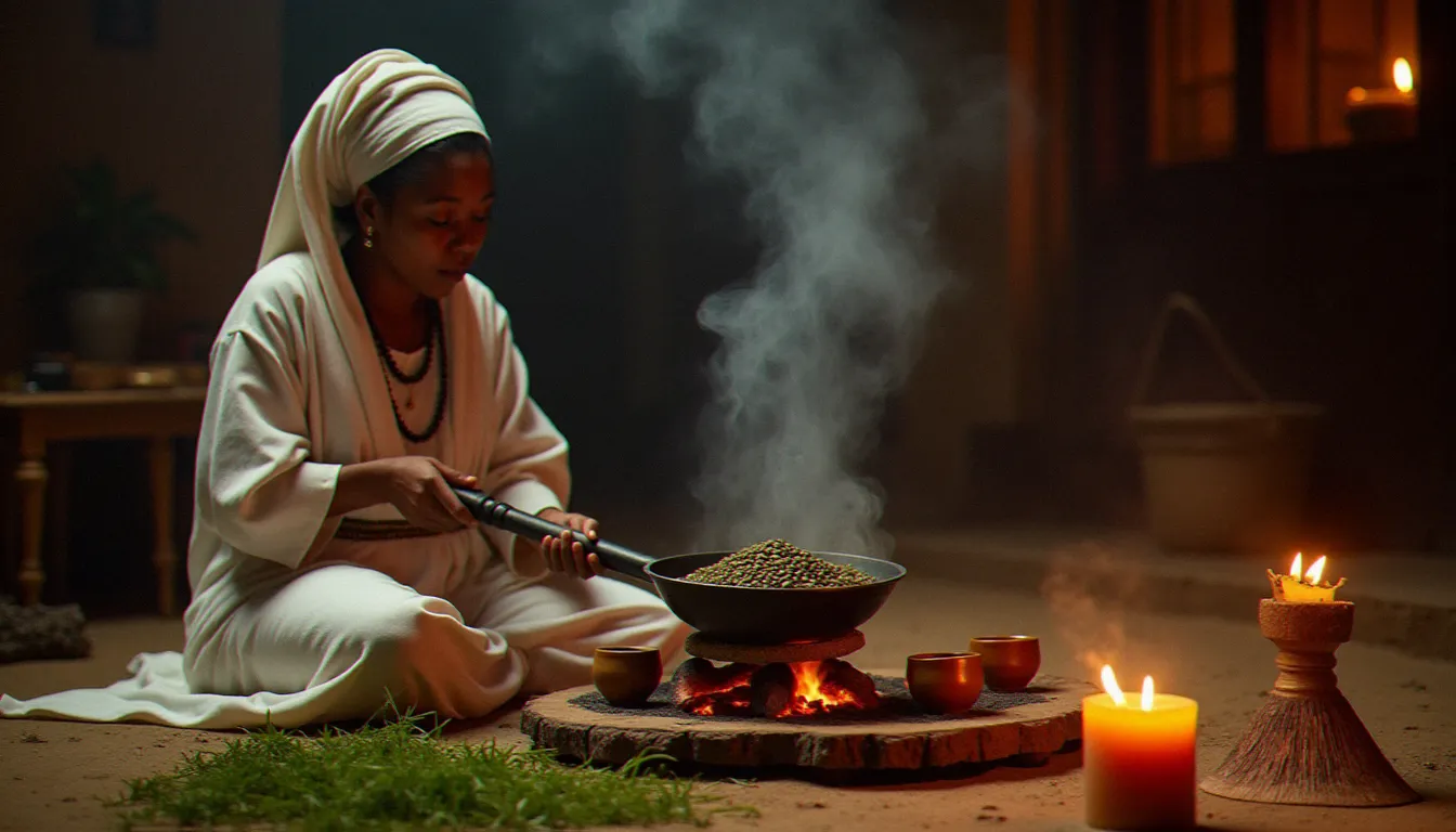 Cérémonie du café éthiopienne jebena buna perpétuant un rite d'antiquité vivante, avec une femme en tenue traditionnelle torréfiant des grains de café vert sur des braises