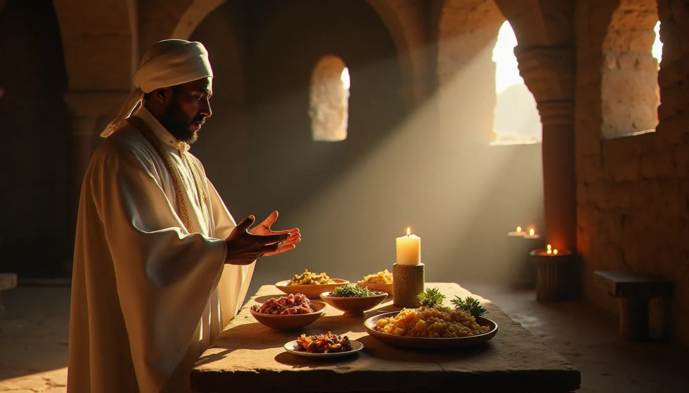 Prêtre orthodoxe éthiopien bénissant un repas de jeûne végétal, illustrant les liens entre traditions spirituelles éthiopiennes et antispécisme contemporain