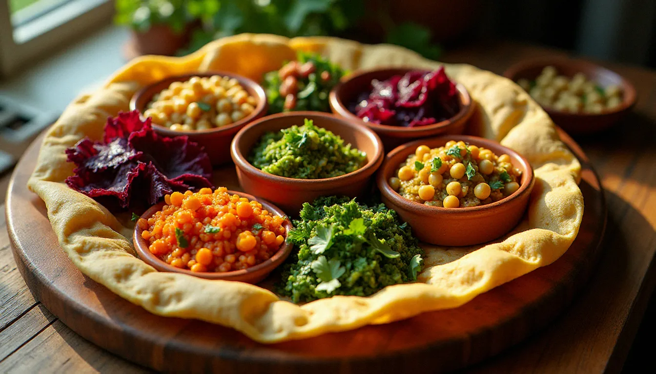 Plateau de jeûne éthiopien antispéciste avec injera et multiples préparations végétales colorées dans des bols en terre cuite