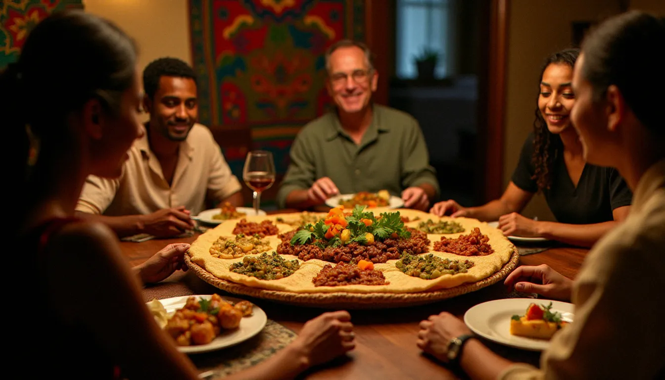 Partage d'un plat communautaire d'injera éthiopien entre convives de cultures différentes, symbolisant l'appréciation respectueuse face à l'appropriation culturelle culinaire