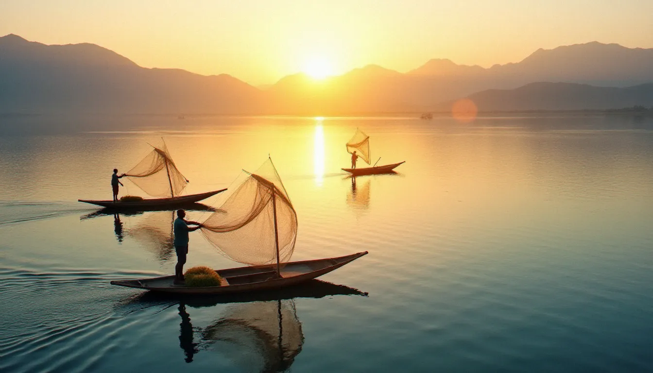 Vue aérienne du lac Tana en Éthiopie avec des pêcheurs sur des embarcations traditionnelles, illustrant l'aquaculture et la pêche artisanale éthiopienne