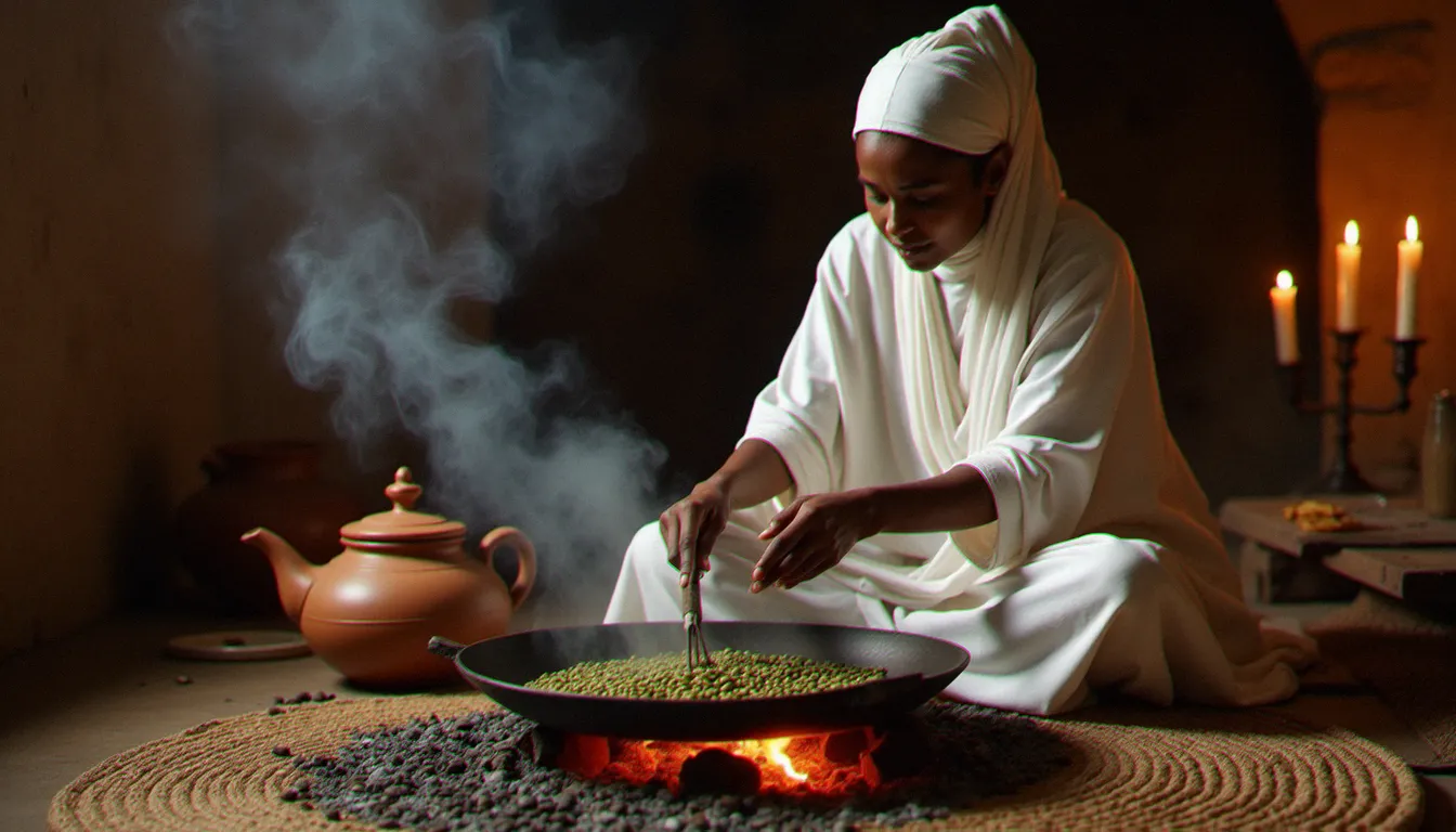 Cérémonie du café éthiopienne jebena buna avec torréfaction de grains verts, rituel ancestral partagé avec la culture arabe du café