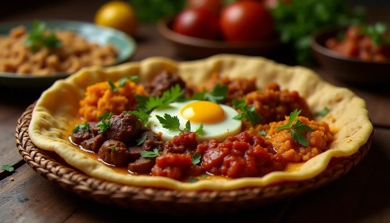 Plateau d'injera éthiopienne garni de wots aux épices dont le berbéré, plats portant l'empreinte historique des échanges avec la culture arabe