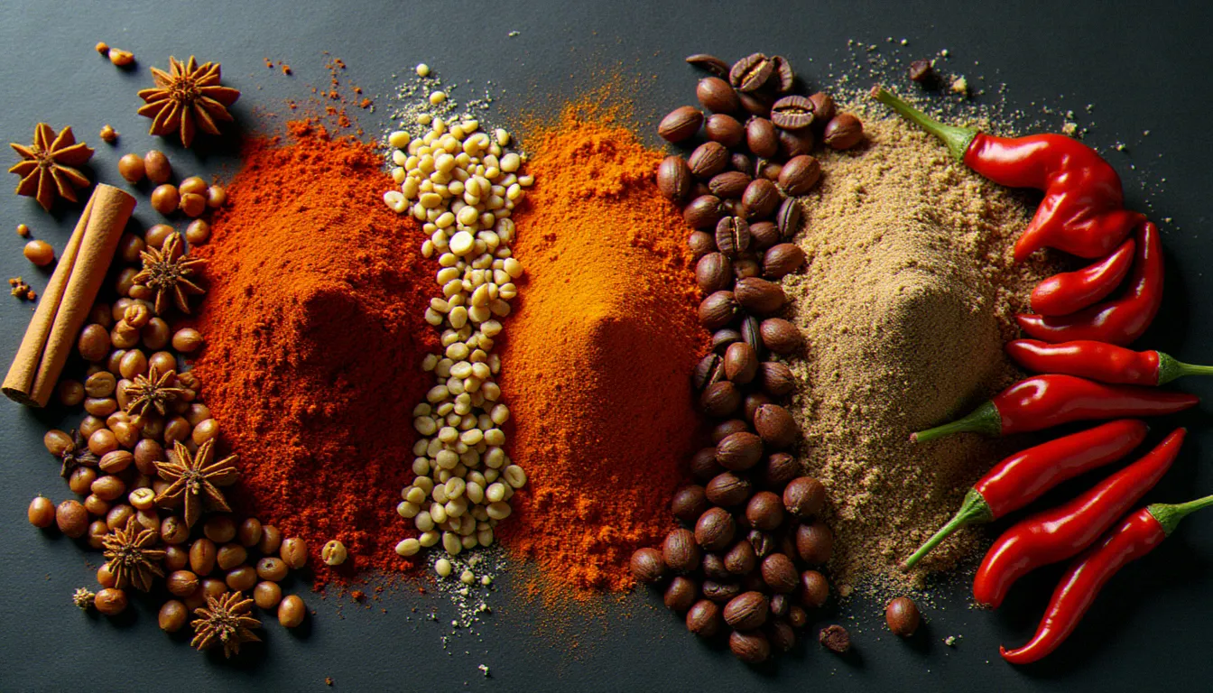 Mélange d'épices arabe et éthiopien — cardamome, berbéré, cannelle et cumin — représentant les liens historiques entre les deux cuisines