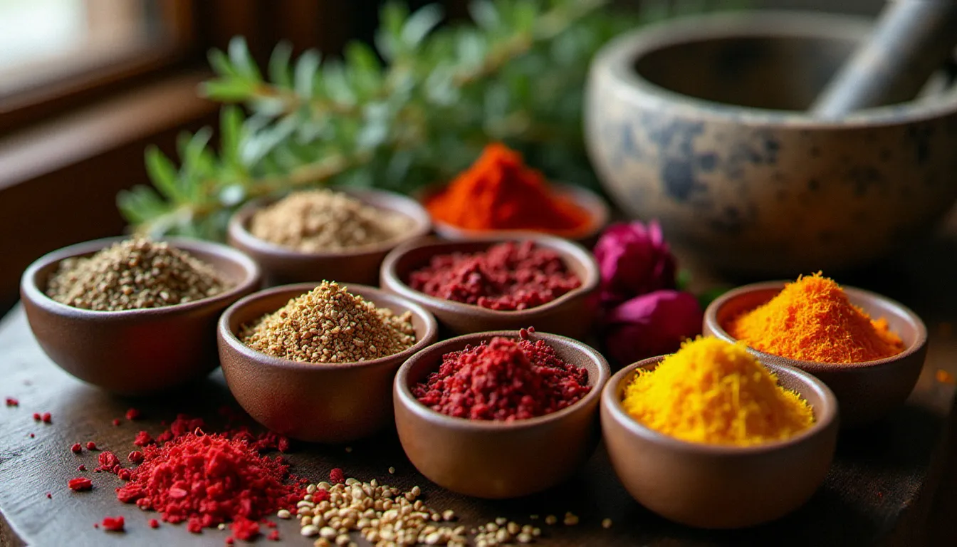 Collection d'épices arabes israéliennes traditionnelles — za'atar, sumac, cumin et safran — disposées dans des bols en céramique sur une surface en bois rustique éclairée naturellement