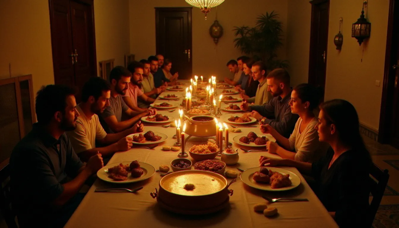 Repas d'iftar traditionnel dans une famille arabe israélienne de Nazareth avec dattes, samboussak dorés et maqluba fumant sur table festive éclairée à la bougie