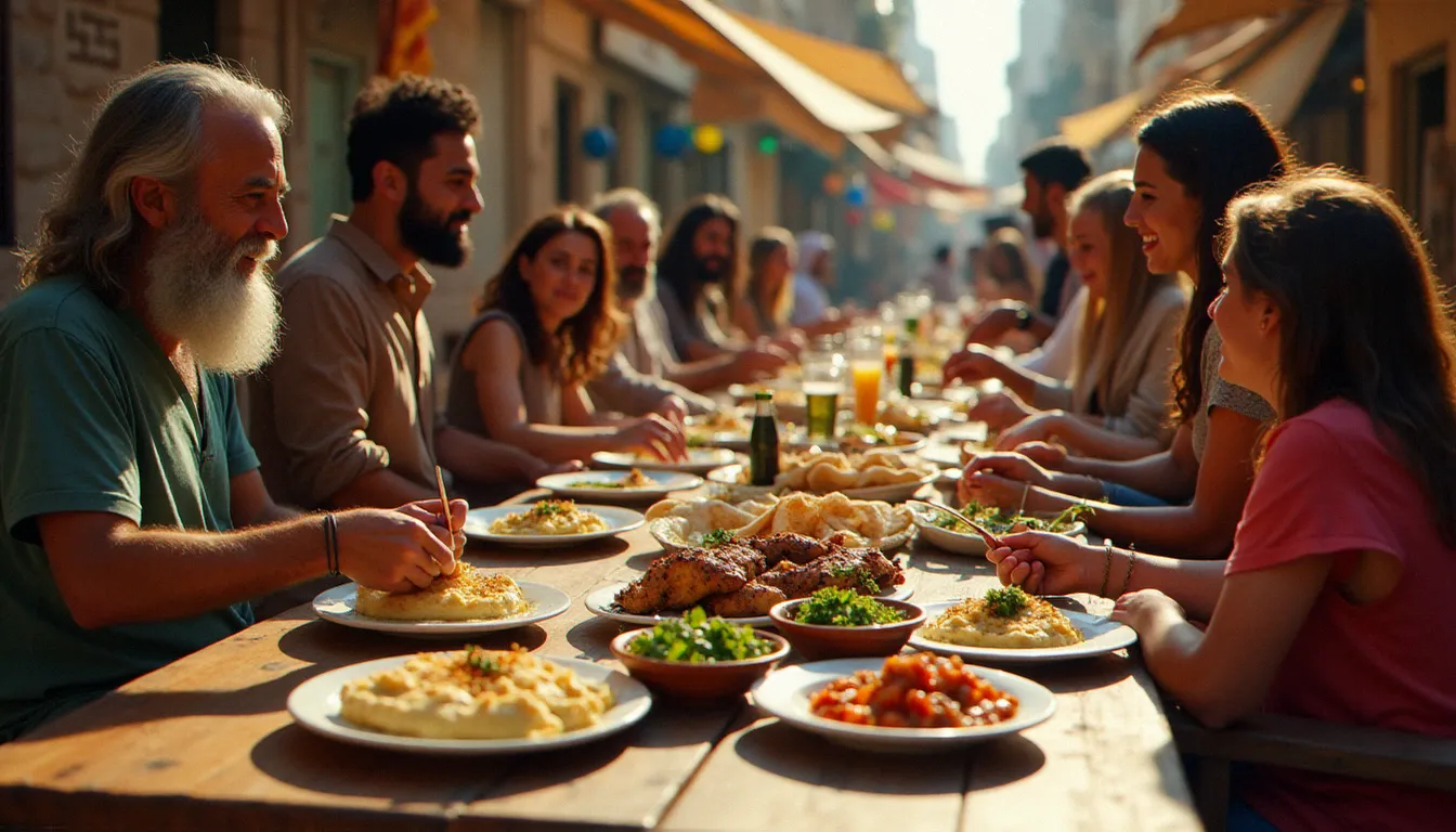 Table arabe israélienne traditionnelle avec hummus, musakhan au sumac et fattoush partagée entre des personnes au marché de Jaffa sous la lumière dorée