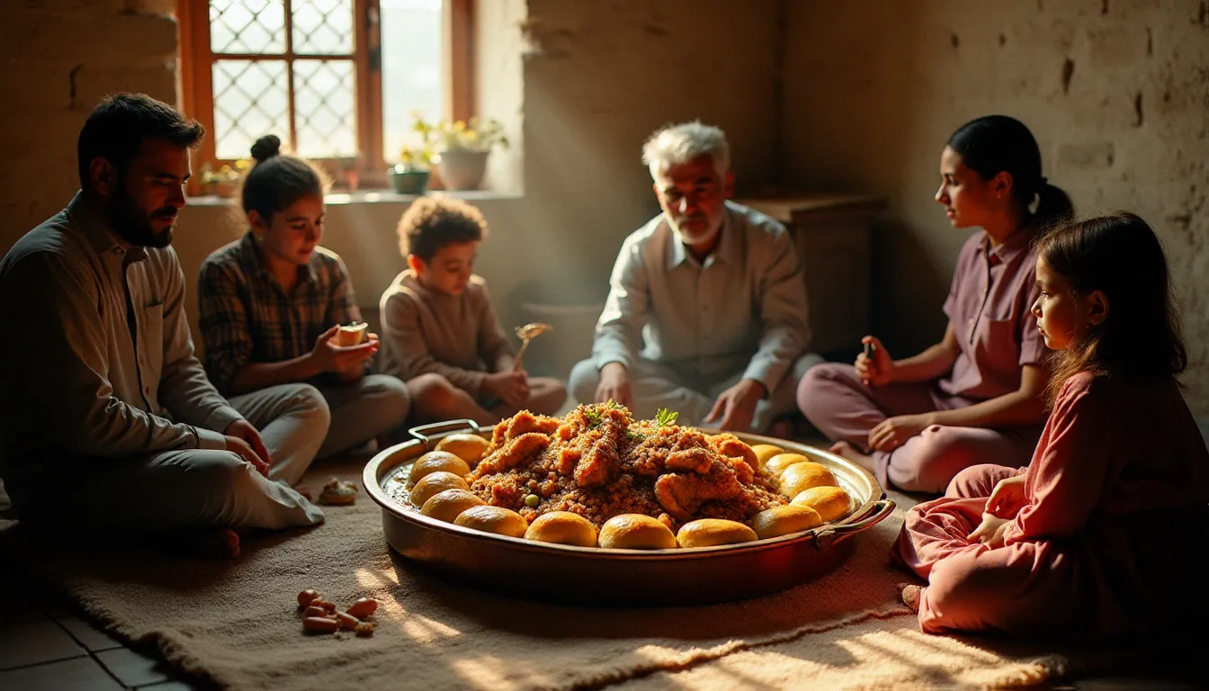 Famille arabe israélienne réunie autour d'un grand plateau de msakhan traditionnel dans une maison de Galilée, illustrant l'art du repas communautaire