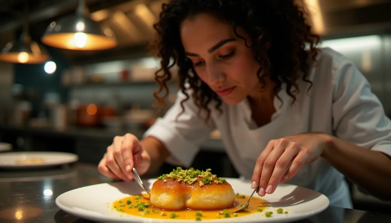 Jeune cheffe arabe israélienne dressant un knafeh contemporain dans un restaurant moderne de Nazareth, incarnant la nouvelle génération culinaire de sa communauté