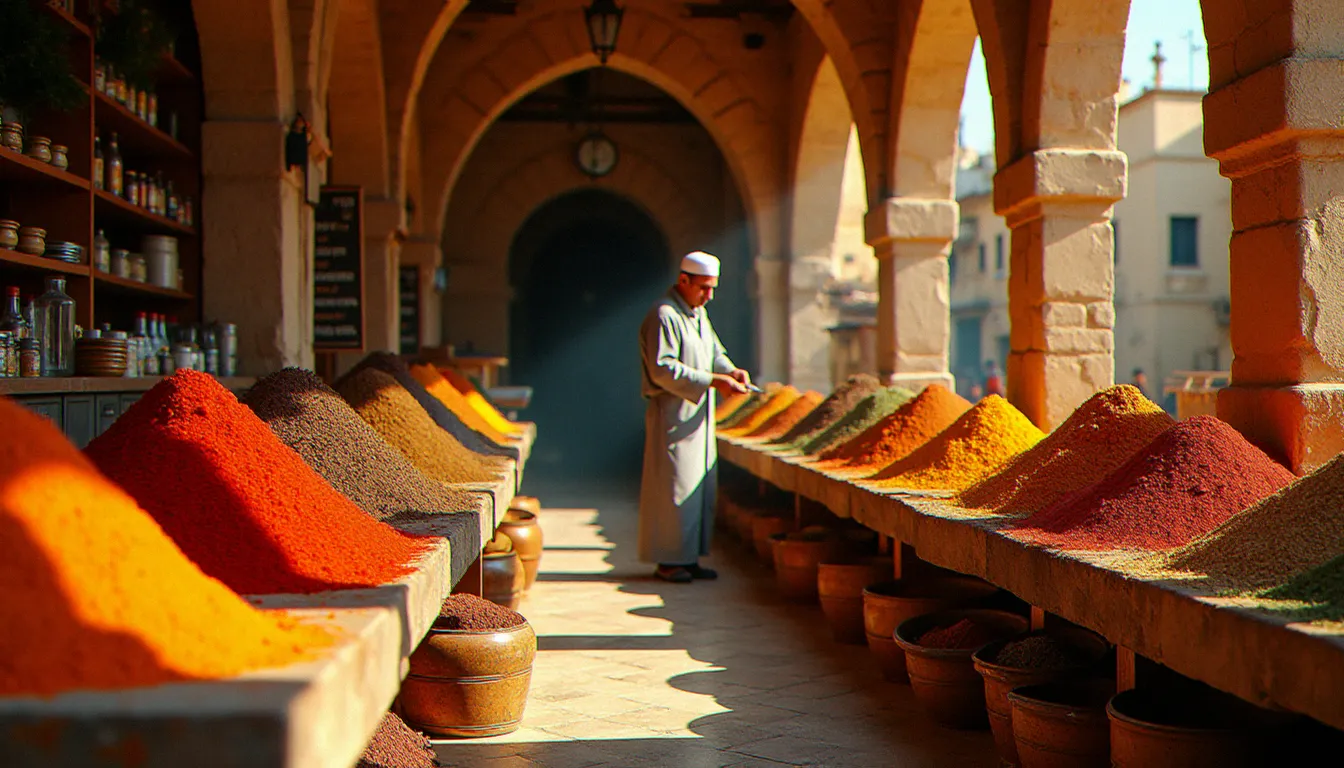 Marché aux épices de la vieille ville de Nazareth, cœur de la gastronomie des arabes israéliens, avec des étals colorés de sumac, zaatar et curcuma